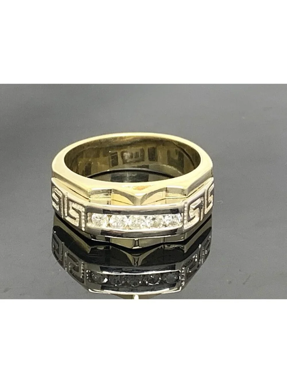 Men's Ring 14k Yellow Gold Diamond 0.25ctw Statement Greek Key Pattern Size 11.5